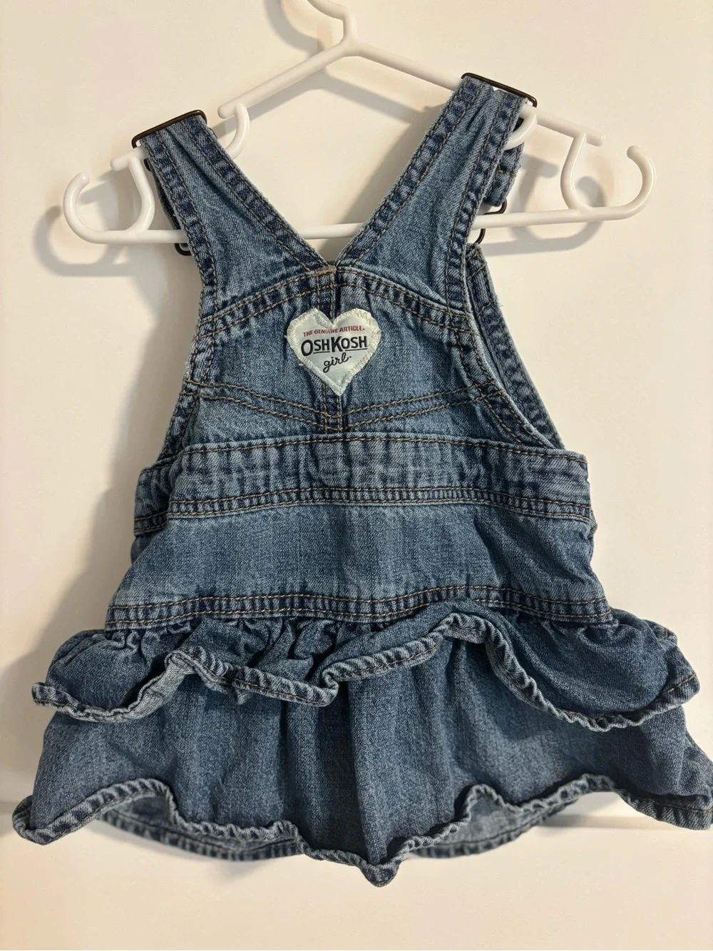 OshKosh B'gosh Blue Denim Ruffle Overall Dress with Heart Patch